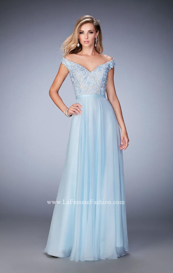Picture of: Long Off the Shoulder Gown with 3-D Floral Lace in Blue, Style: 22737, Main Picture
