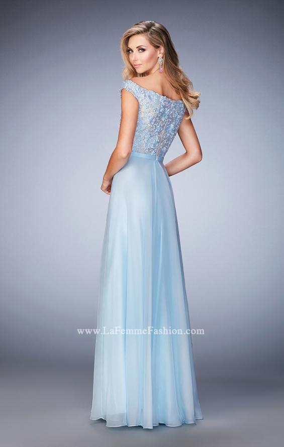 Picture of: Long Off the Shoulder Gown with 3-D Floral Lace in Blue, Style: 22737, Back Picture