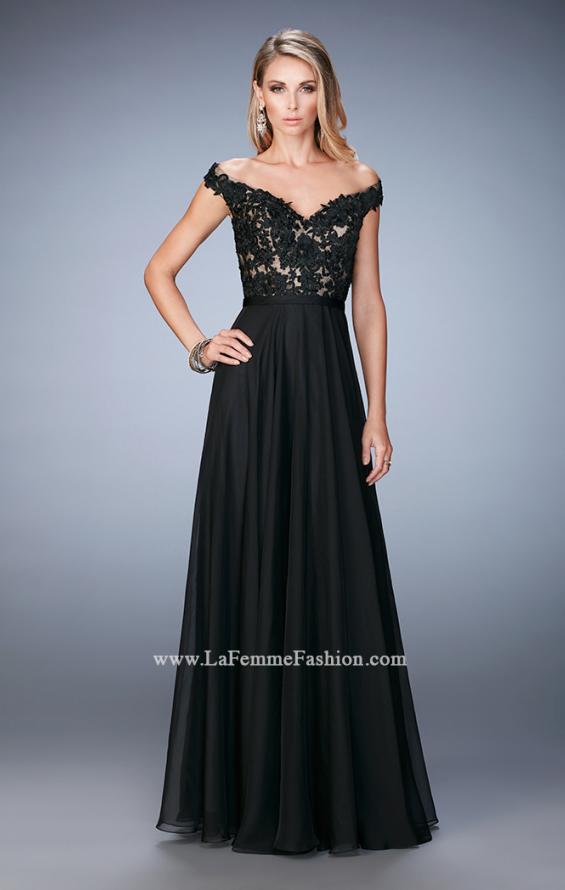 Picture of: Long Off the Shoulder Gown with 3-D Floral Lace in Black, Style: 22737, Detail Picture 1