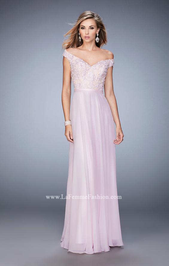 Picture of: Long Off the Shoulder Gown with 3-D Floral Lace in Pink, Style: 22737, Detail Picture 2