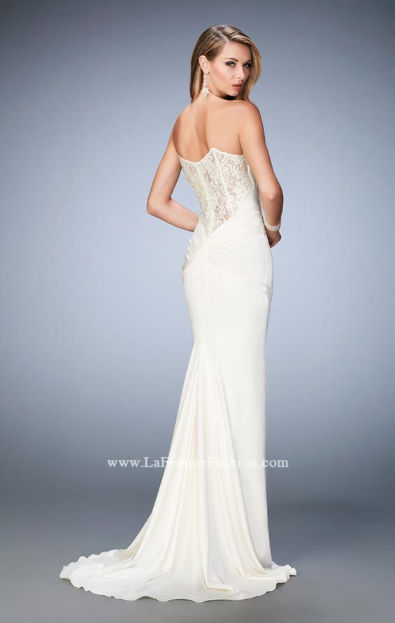 Picture of: Stretch Satin Gown with Gathered Bust and Train in White, Style: 22755, Detail Picture 1