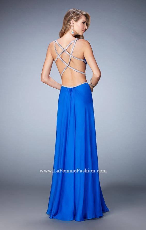 Picture of: Long Chiffon Gown with V Neckline and Crystal Straps in Blue, Style: 22762, Back Picture