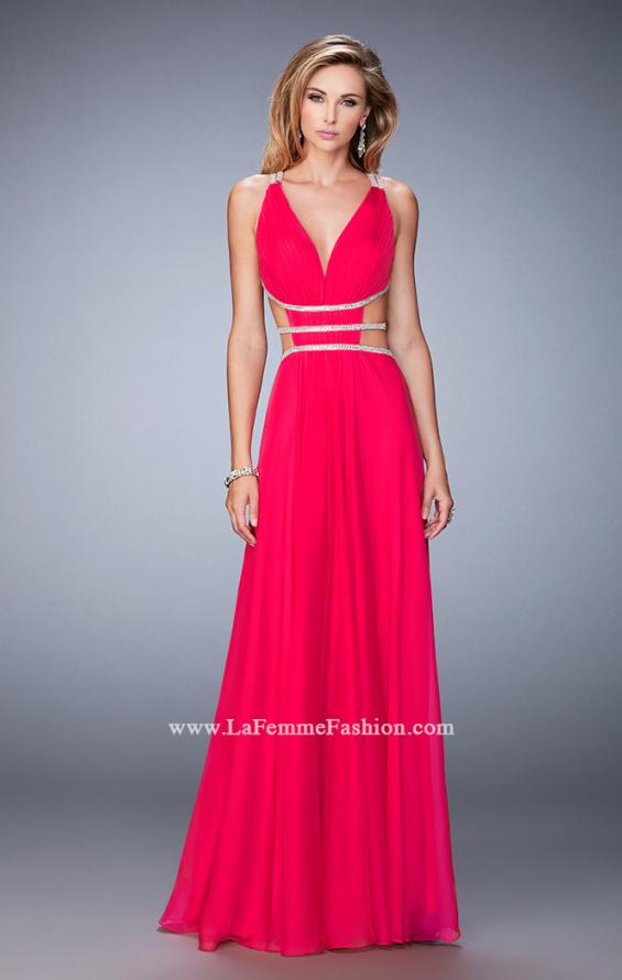 Picture of: Long Chiffon Gown with V Neckline and Crystal Straps in Pink, Style: 22762, Detail Picture 1