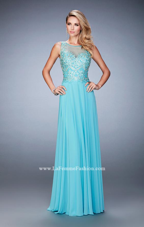 Picture of: Chiffon Gown with Beaded and Lace Bodice and Train in Blue, Style: 22824, Detail Picture 1