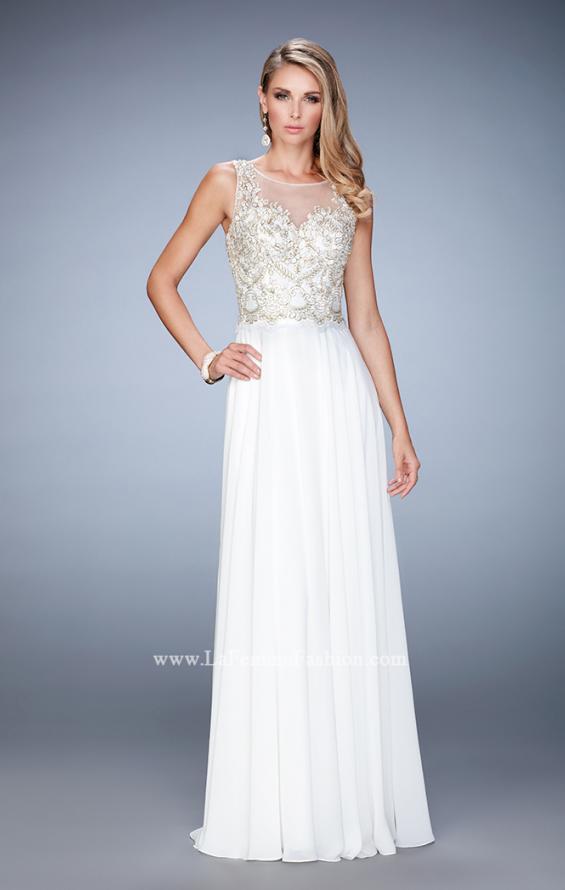 Picture of: Chiffon Gown with Beaded and Lace Bodice and Train in White, Style: 22824, Detail Picture 2