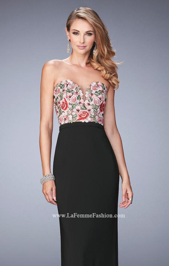 Picture of: Long Jersey Open Back Dress with Floral Lace Applique in Black, Style: 22959, Main Picture