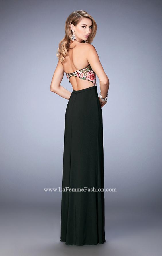 Picture of: Long Jersey Open Back Dress with Floral Lace Applique in Black, Style: 22959, Back Picture