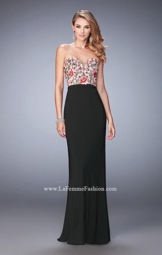 Picture of: Long Jersey Open Back Dress with Floral Lace Applique in Black, Style: 22959, Detail Picture 1