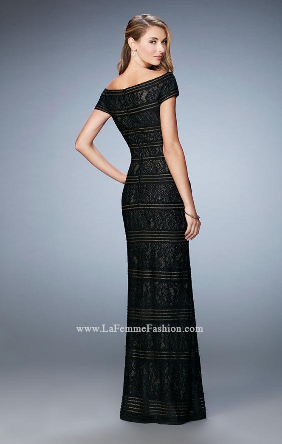 Picture of: Gold Lined Cap Sleeve Lace Evening Dress in Black, Style: 23012, Back Picture