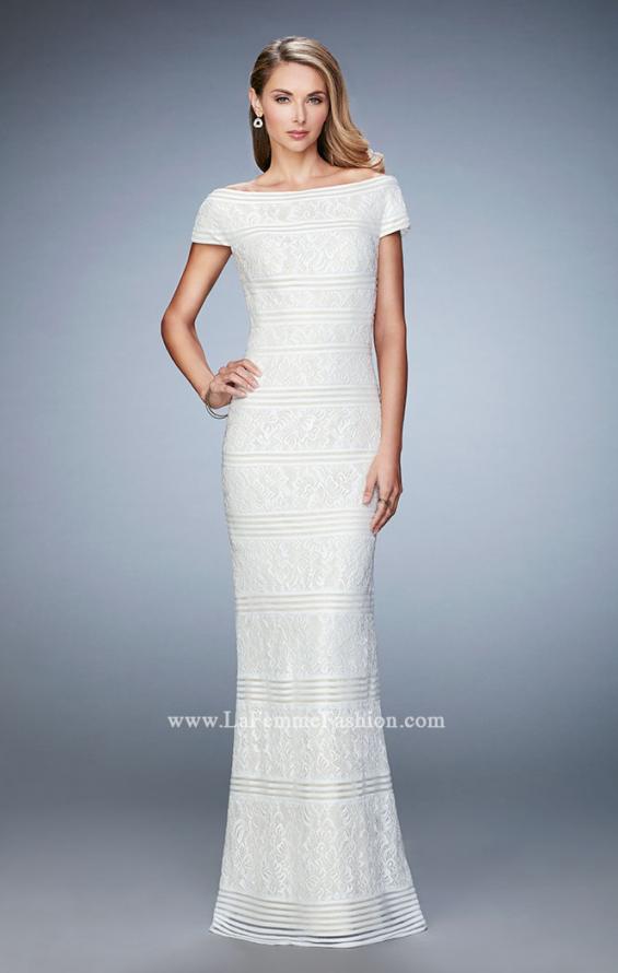 Picture of: Gold Lined Cap Sleeve Lace Evening Dress in White, Style: 23012, Detail Picture 1