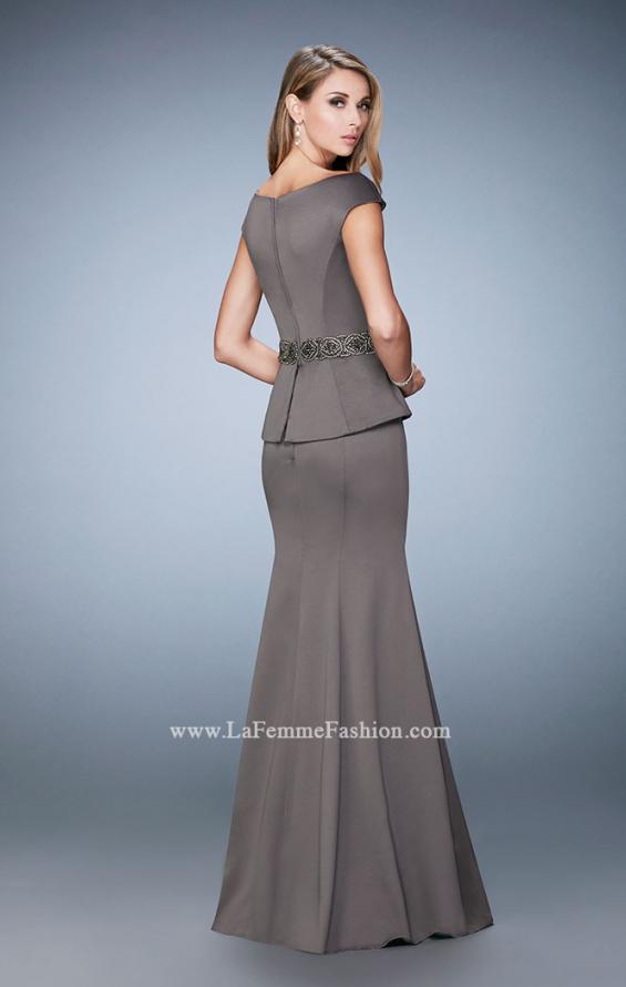 Picture of: Satin Peplum Evening Dress with Boat Neckline in Silver, Style: 23020, Back Picture