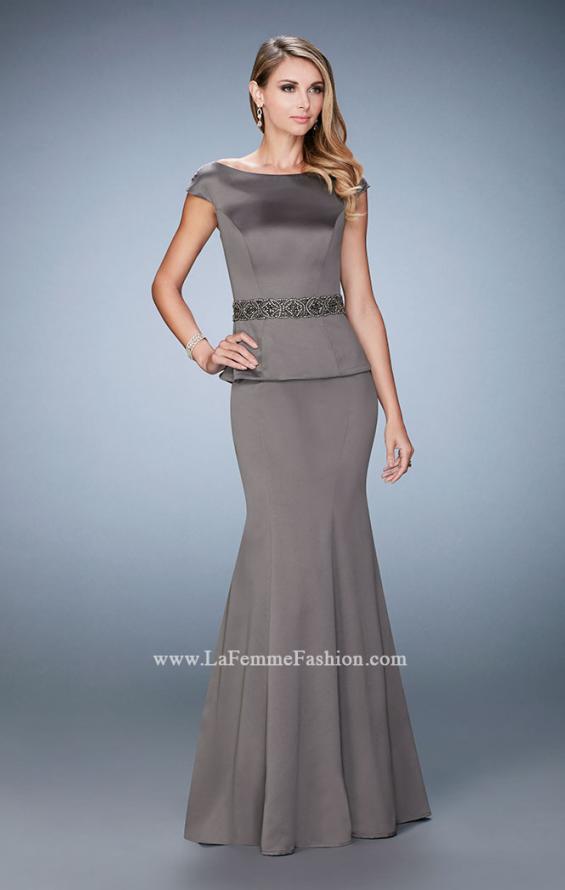 Picture of: Satin Peplum Evening Dress with Boat Neckline in Silver, Style: 23020, Detail Picture 1