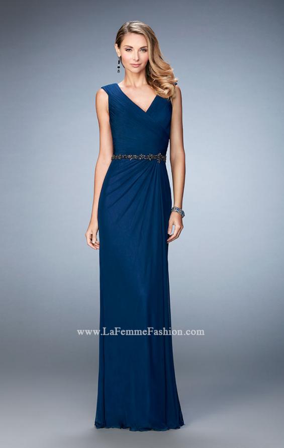 Picture of: Evening Gown with Cap Sleeves and Jeweled Belt in Blue, Style: 23024, Detail Picture 1