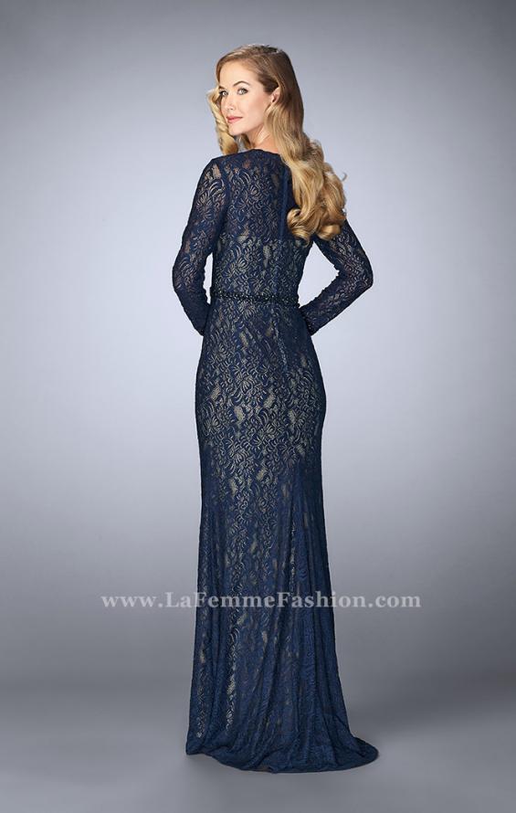 Picture of: Long Sleeve Lace Dress with Beaded Belt and Cuffs in Blue, Style: 23115, Back Picture