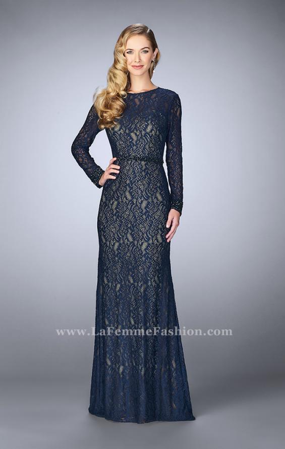 Picture of: Long Sleeve Lace Dress with Beaded Belt and Cuffs in Blue, Style: 23115, Detail Picture 1