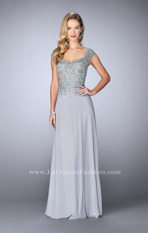 Picture of: Cap Sleeve Beaded Lace Evening Gown in Silver, Style: 23286, Main Picture