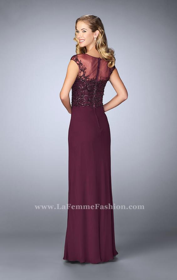 Picture of: Sheer Cap Sleeve Crepe Jersey Gown in Purple, Style: 23316, Back Picture
