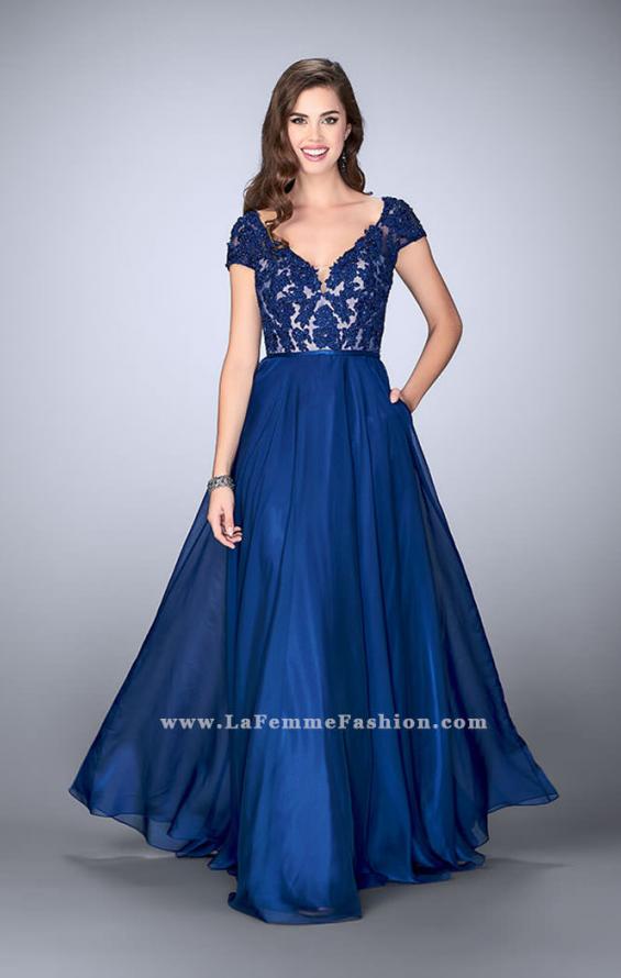 Picture of: A-line Dress with Cap Sleeves, Lace Top and Chiffon Skirt in Blue, Style: 23587, Main Picture