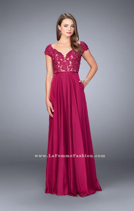 Picture of: A-line Dress with Cap Sleeves, Lace Top and Chiffon Skirt in Pink, Style: 23587, Detail Picture 1