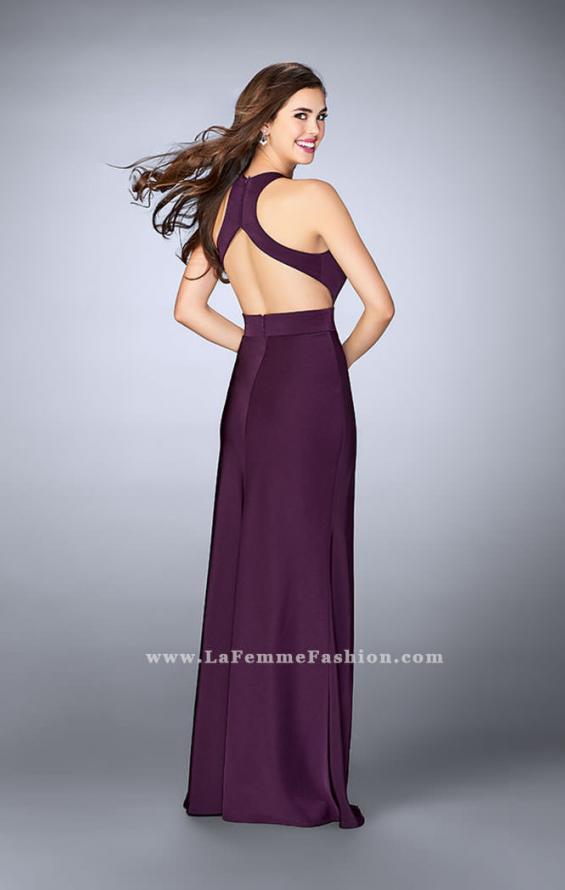 Picture of: Fitted Jersey Dress with a High Neckline and Open Back in Purple, Style: 23655, Back Picture