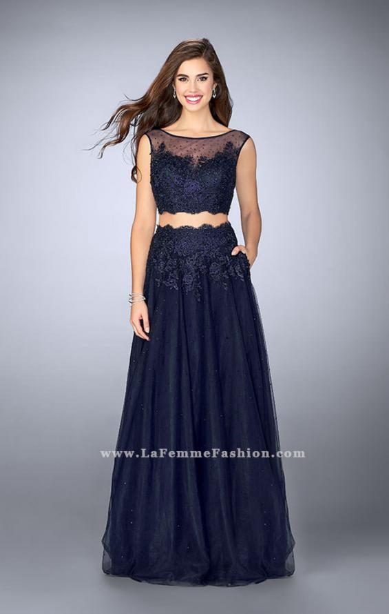Picture of: Lace Two Piece Dress with a High Neck and Tulle Skirt in Blue, Style: 23666, Detail Picture 1
