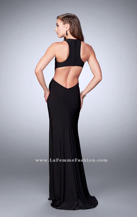 Picture of: Jersey Prom Dress with Gold Beading and Racer Back in Black, Style: 23791, Back Picture