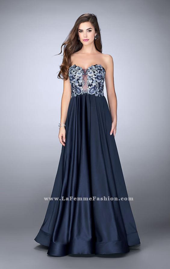 Picture of: Satin A-line Dress with Beaded Lace Top and Open Back in Blue, Style: 23881, Detail Picture 1