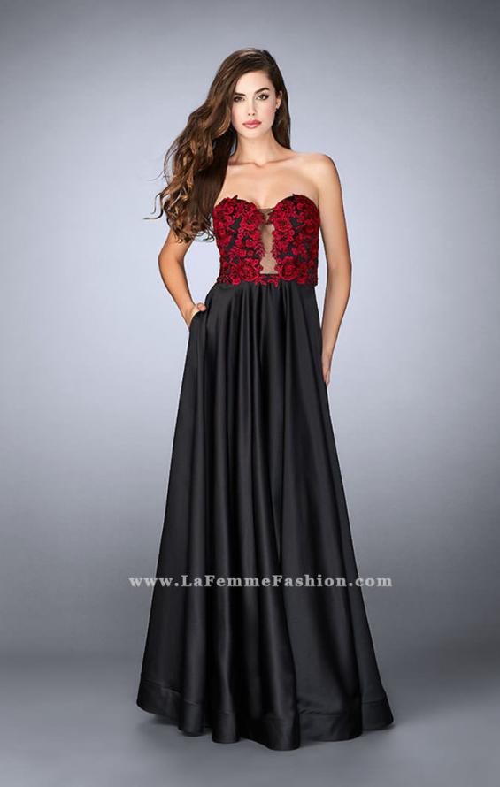 Picture of: Satin A-line Dress with Beaded Lace Top and Open Back in Black, Style: 23881, Detail Picture 2