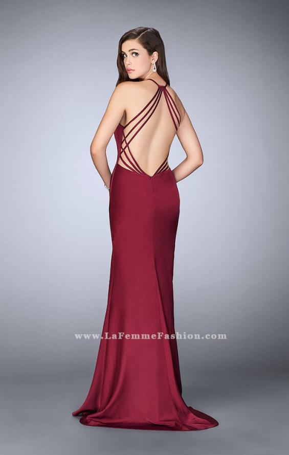 Picture of: Long High Neck Dress with Strappy Open Back and Slit in Red, Style: 23886, Back Picture