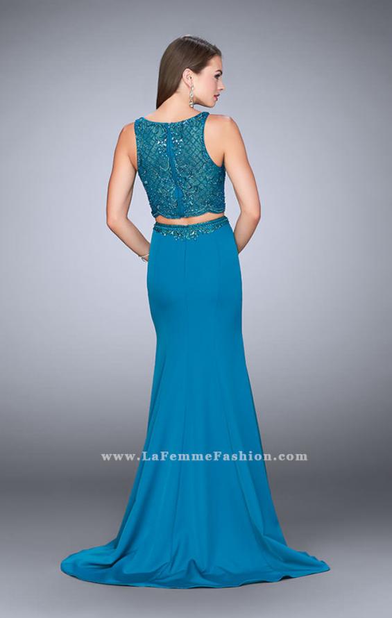 Picture of: Two Piece Dress with Sheer Top and Scalloped Edges in Blue, Style: 23907, Back Picture