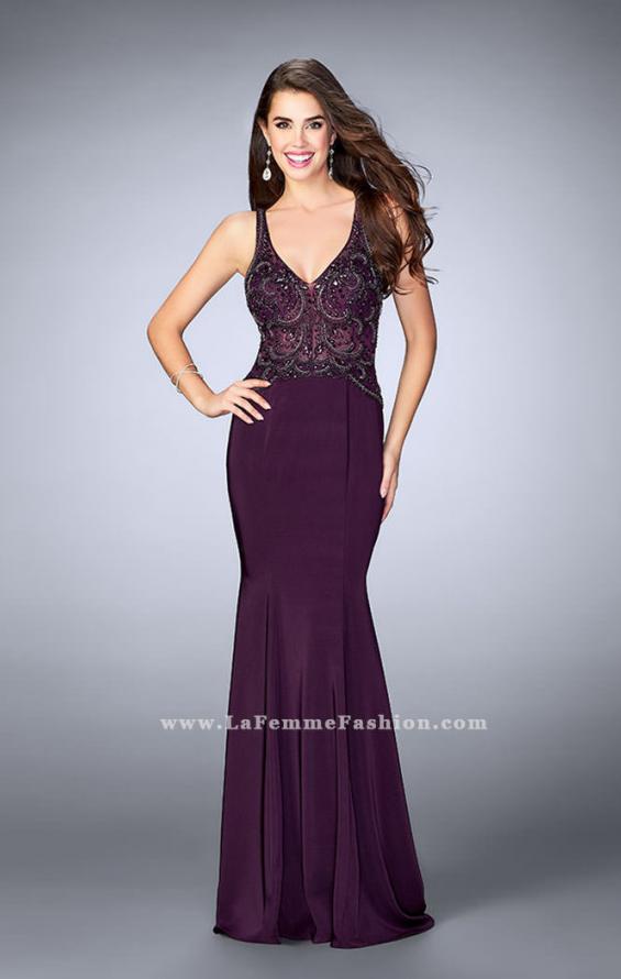 Picture of: Fitted Jersey Dress with Sheer Beaded Top and Cut Outs in Purple, Style: 23909, Detail Picture 1