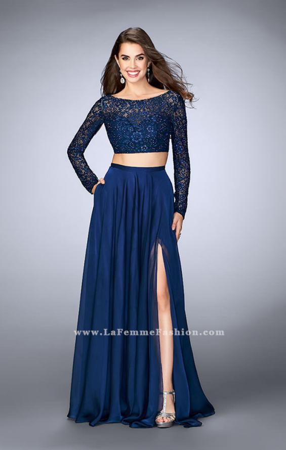 Picture of: Long Sleeve Two Piece Gown with Sheer Neckline in Blue, Style: 23937, Detail Picture 1