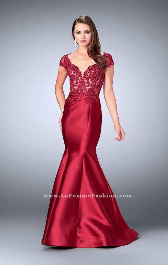 Picture of: Mikado Mermaid Dress with Lace Top and Cap Sleeves in Red, Style: 23960, Detail Picture 2