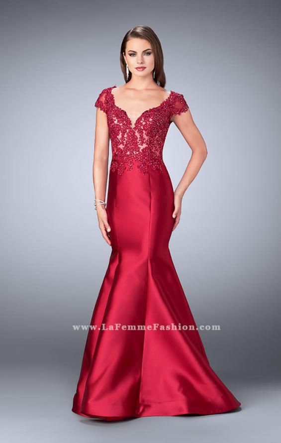 Picture of: Mikado Mermaid Dress with Lace Top and Cap Sleeves in Red, Style: 23960, Detail Picture 4