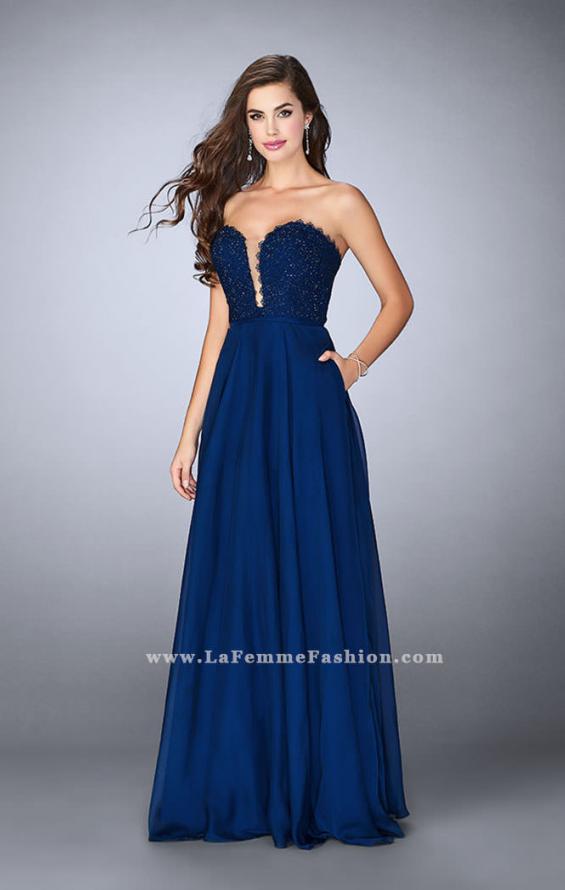 Picture of: Lace Scalloped Long Prom Dress with Pockets in Blue, Style: 23970, Detail Picture 1