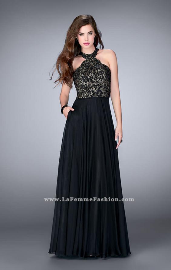 Picture of: Long High Collar A-line Prom Dress with Pockets in Black, Style: 23975, Detail Picture 1