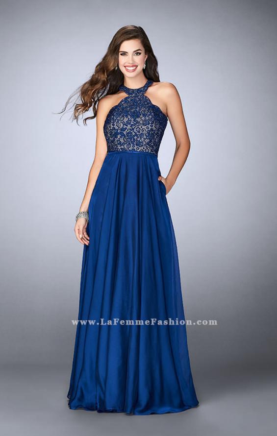 Picture of: Long High Collar A-line Prom Dress with Pockets in Blue, Style: 23975, Detail Picture 2