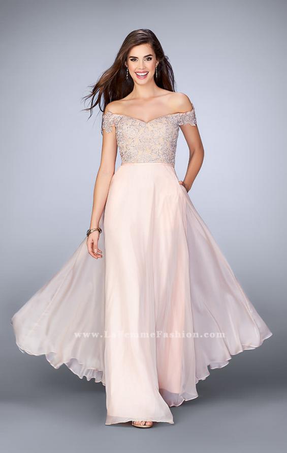 Picture of: A-line Chiffon Dress with Off the Shoulder Lace Top in Pink, Style: 24001, Main Picture