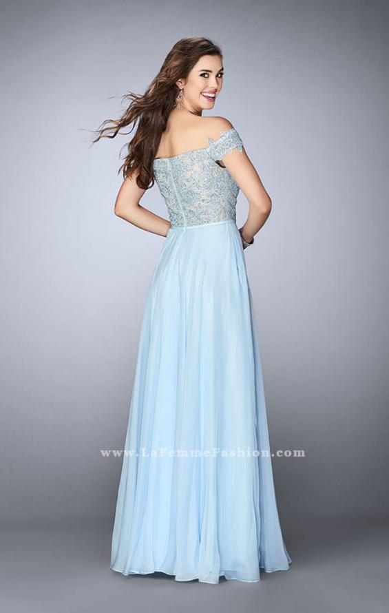 Picture of: A-line Chiffon Dress with Off the Shoulder Lace Top in Blue, Style: 24001, Back Picture