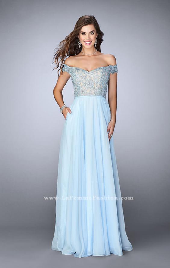 Picture of: A-line Chiffon Dress with Off the Shoulder Lace Top in Blue, Style: 24001, Detail Picture 1