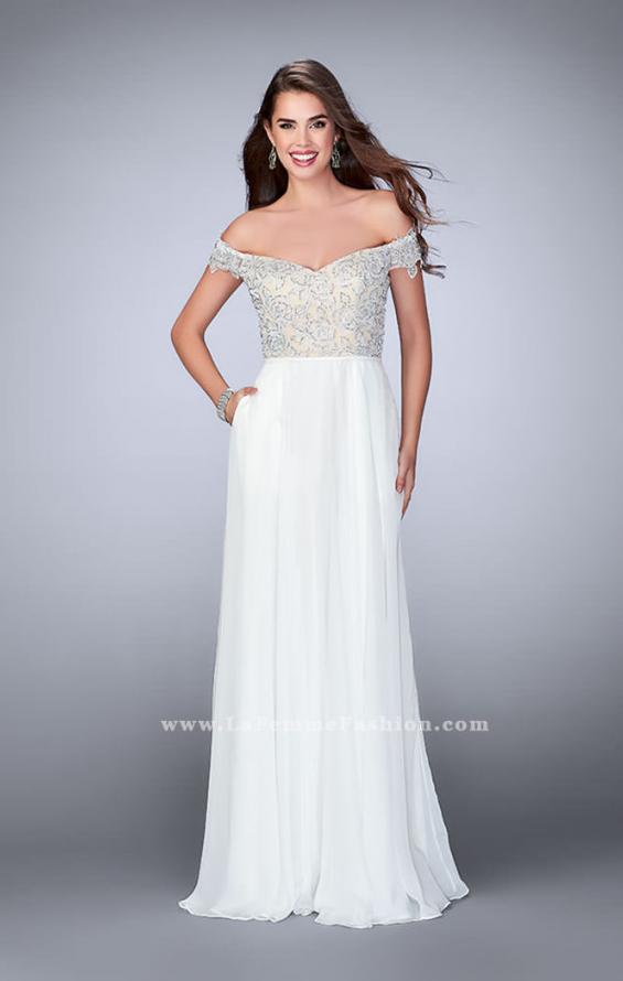 Picture of: A-line Chiffon Dress with Off the Shoulder Lace Top in White, Style: 24001, Detail Picture 2