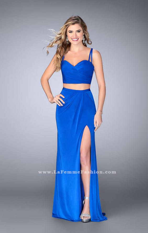 Picture of: Two Piece Gathered Jersey Dress with Side Slit in Blue, Style: 24007, Detail Picture 2