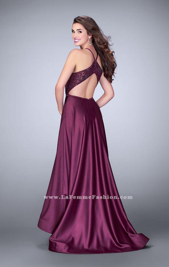 Picture of: High Low A-line Dress with Lace Top and Satin Skirt in Purple, Style: 24012, Back Picture