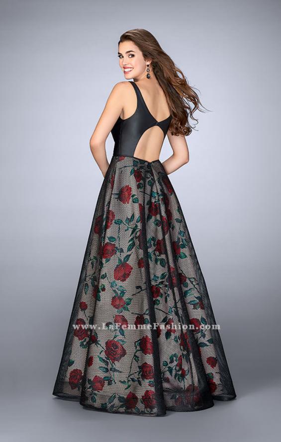 Picture of: Long A-line Rose Print Gown with Vegan Leather Top in Print, Style: 24025, Back Picture