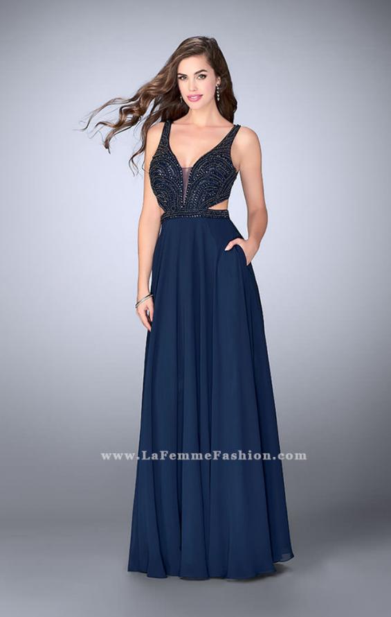 Picture of: A-line Chiffon Dress with Beaded Top and Open Back in Blue, Style: 24050, Detail Picture 2