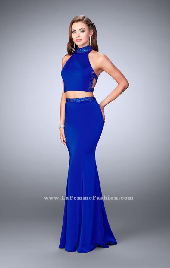 Picture of: Beaded Collar Long Prom Dress with Cut Outs in Blue, Style: 24119, Detail Picture 1