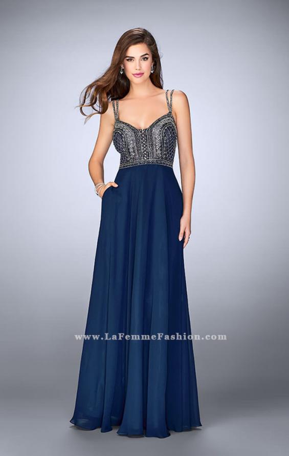 Picture of: Chiffon A-line Dress with Beaded Top and Cutout Back in Blue, Style: 24121, Detail Picture 1