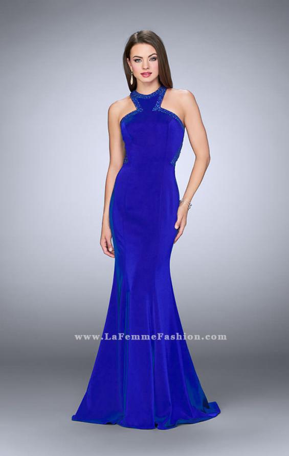 Picture of: Long Jersey Prom Dress with Beaded Neckline in Blue, Style: 24127, Detail Picture 3
