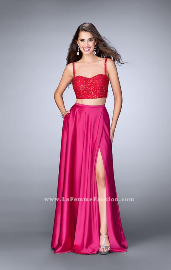 Picture of: Two Piece Satin A-line Dress with Slit and Lace Top in Pink, Style: 24159, Main Picture