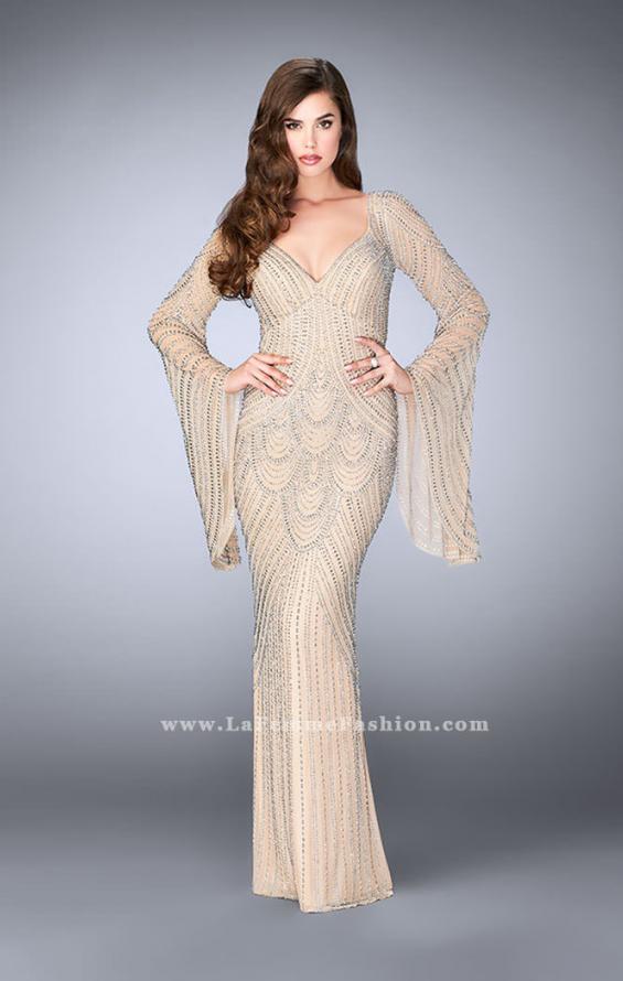 Picture of: Bell Sleeve Dress with Beaded Pattern and Open Back in Nude, Style: 24162, Main Picture